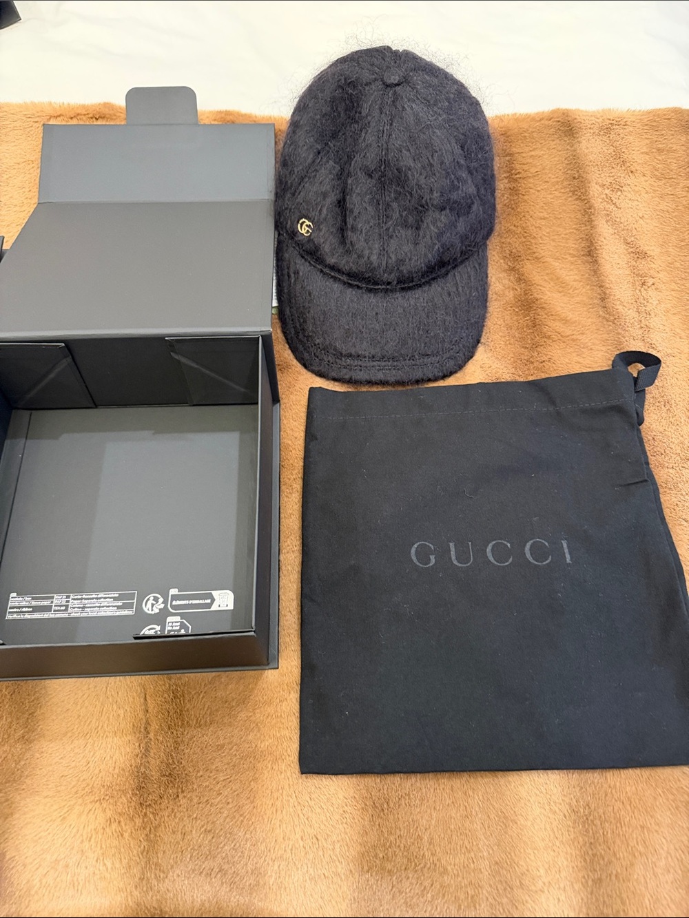 All Packaged Gucci Black Mohair Baseball Cap with Gold GG Emblem